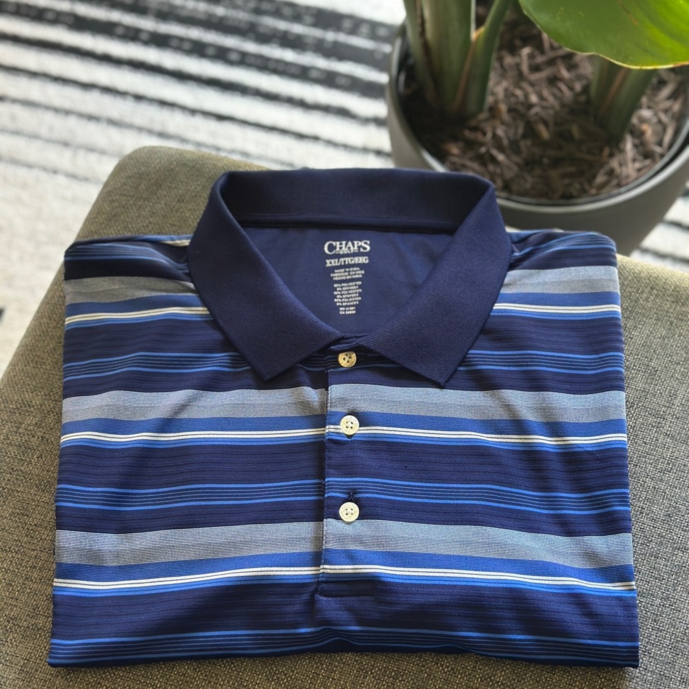 Chaps Men's Navy and White Striped Polo Shirt